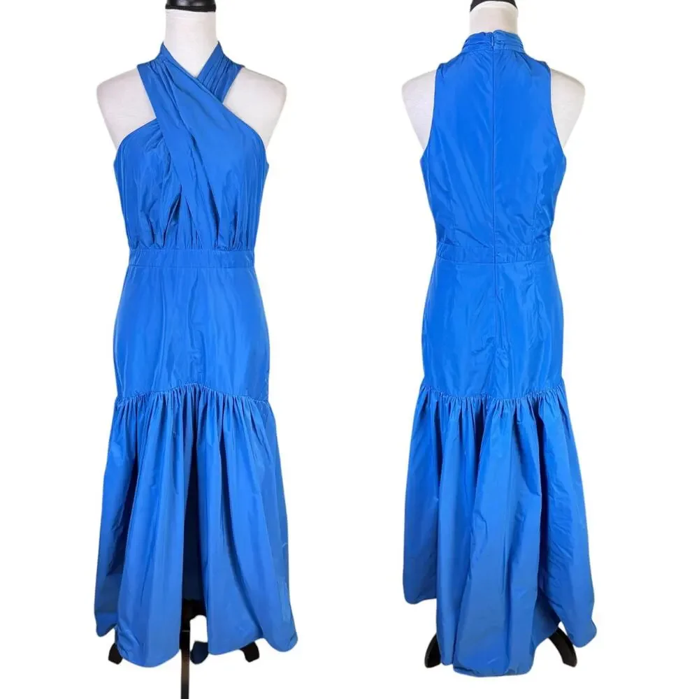 Veronica Beard Radley Blue Asymmetric Tiered Taffeta Crossover Neck Maxi Dress - Picture 3 of 11